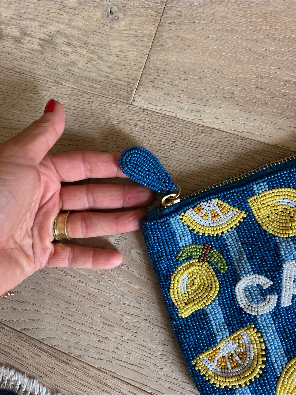Anthropologie Blue Beaded Zip Pouch with Gold Trim - Picture 3 of 6